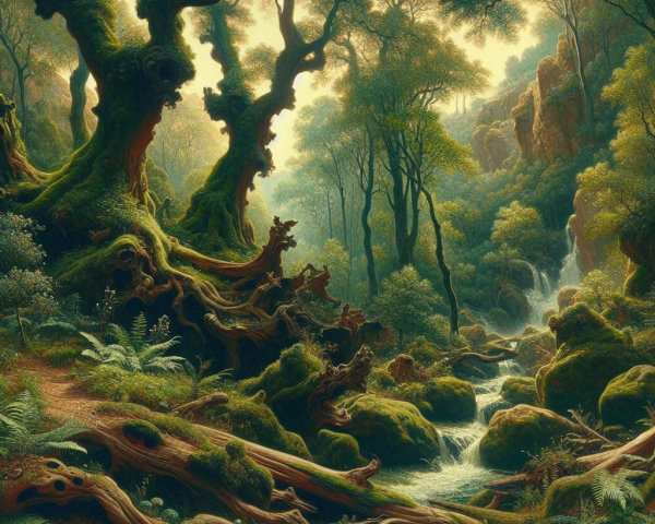 Serene forest scene with ancient trees and stream