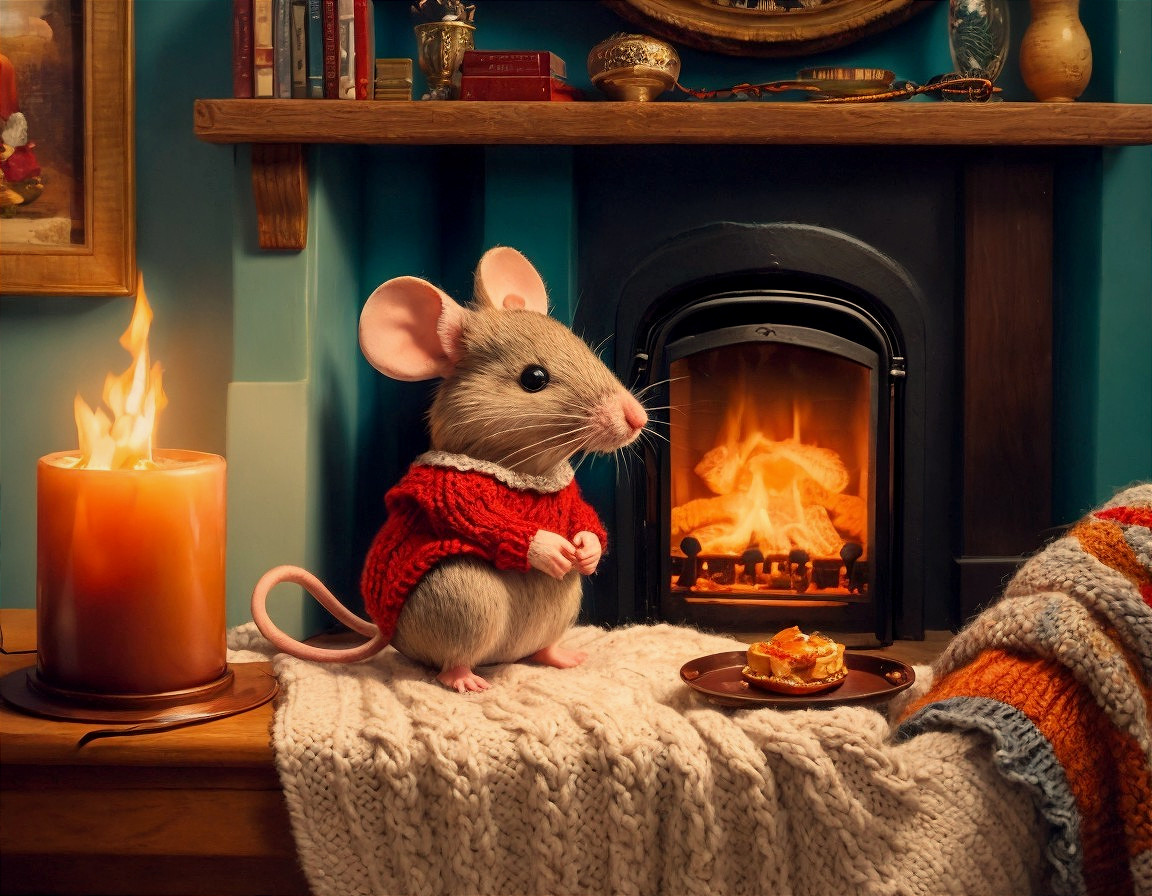 Anthropomorphic mouse in red sweater by fireplace with candle and food in cozy room