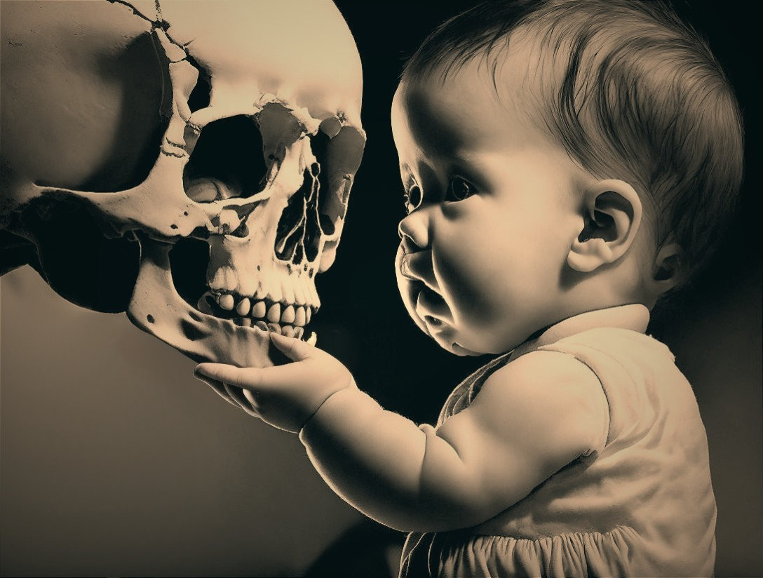 Curious baby touching human skull in sepia-toned contrast
