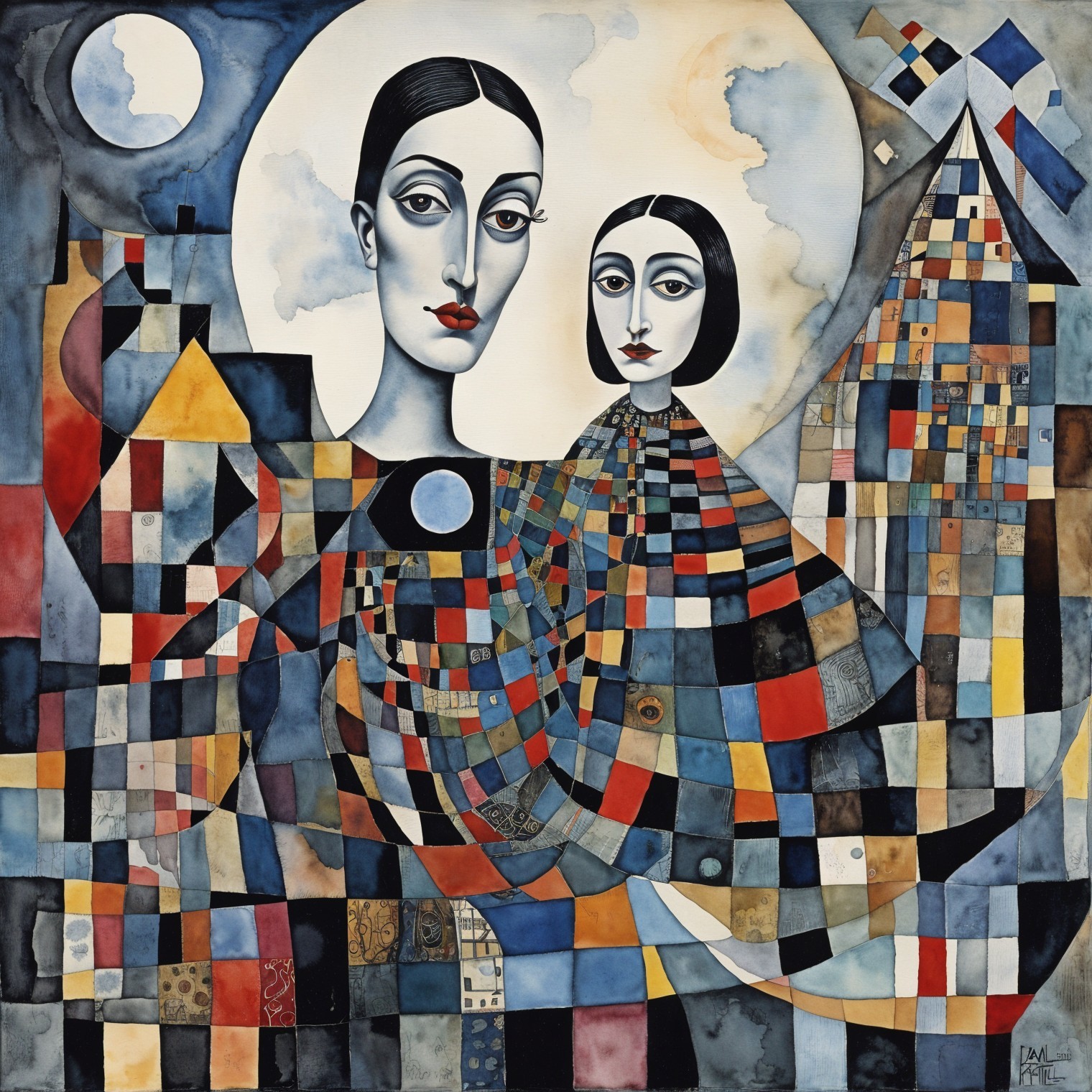 Stylized Figures with Elongated Faces and Bold Colors
