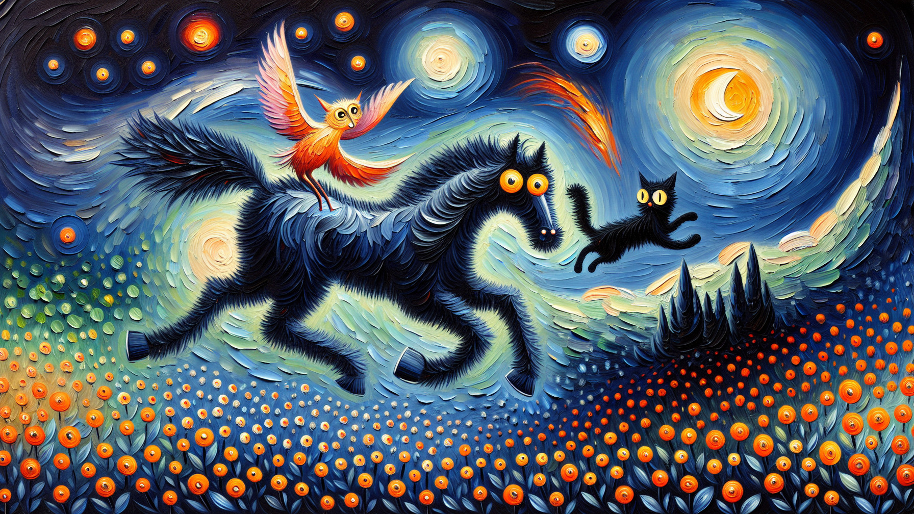 Whimsical Landscape with Horse, Bird, and Cat