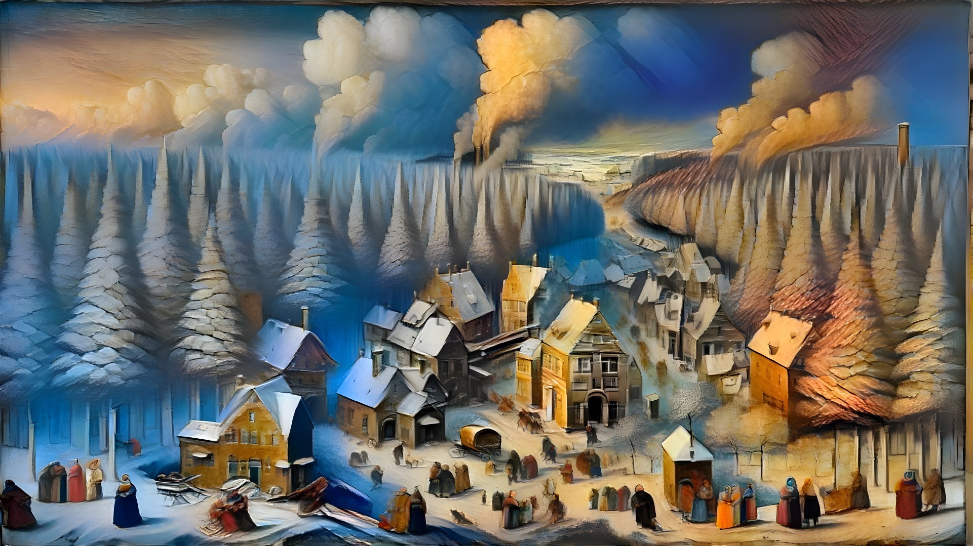 Winter Village Scene with Snow-Covered Pines