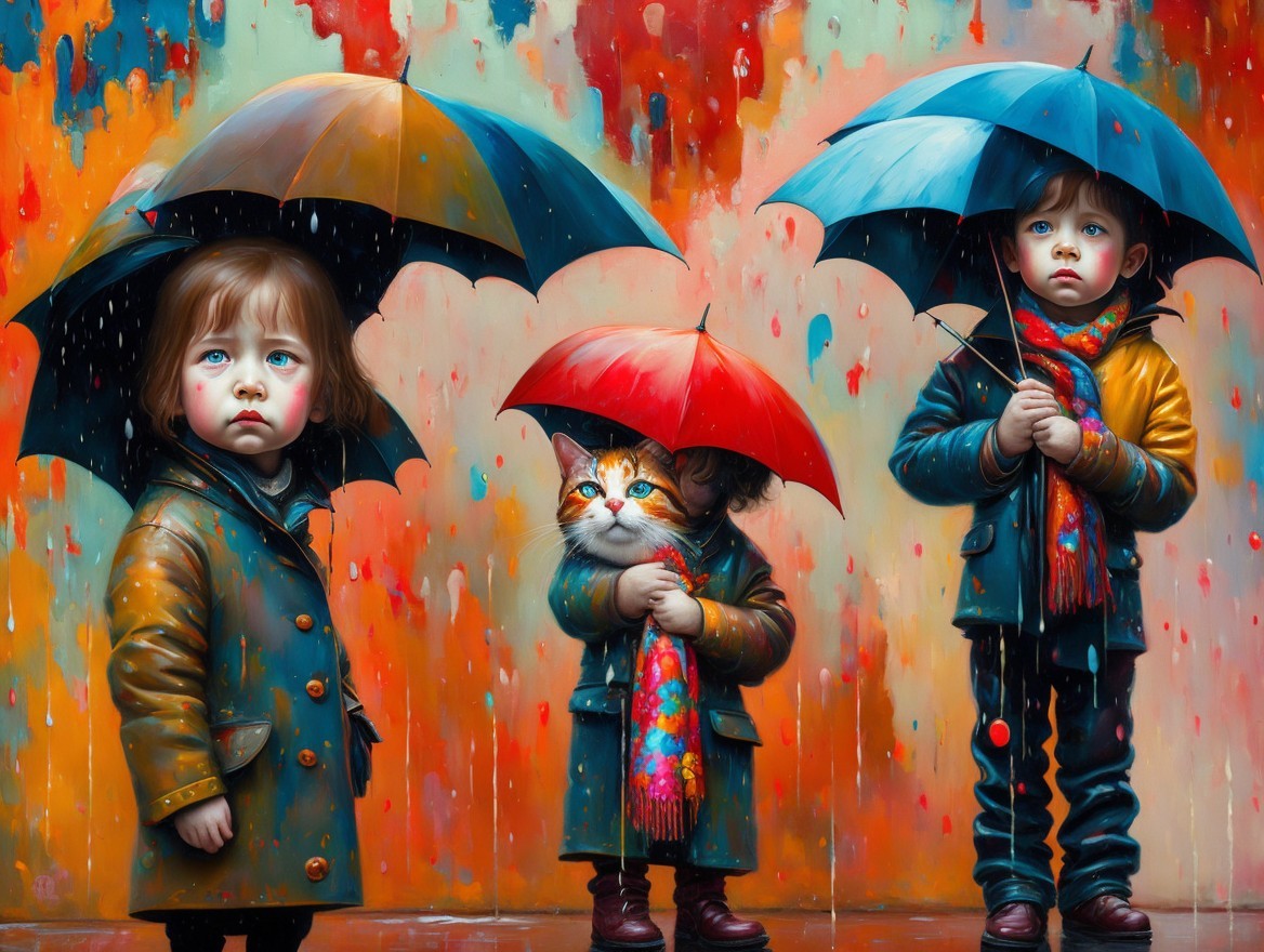 Children with Umbrellas in a Colorful Rain Scene