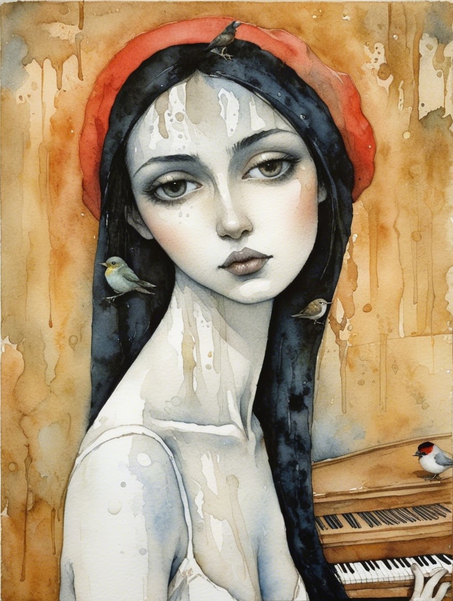 Melancholic Young Woman with Birds and Piano Background