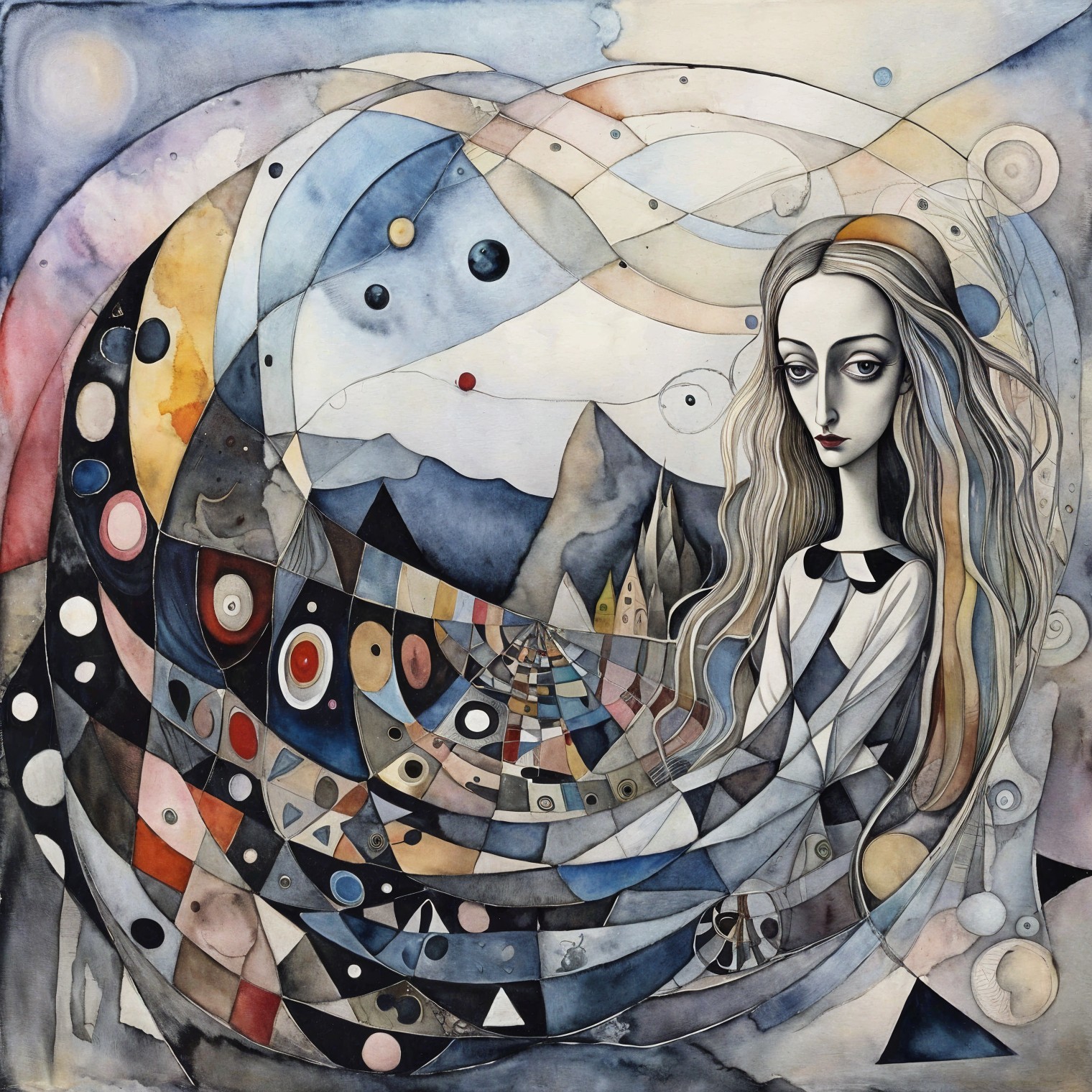 Whimsical Figure in Abstract Colorful Landscape