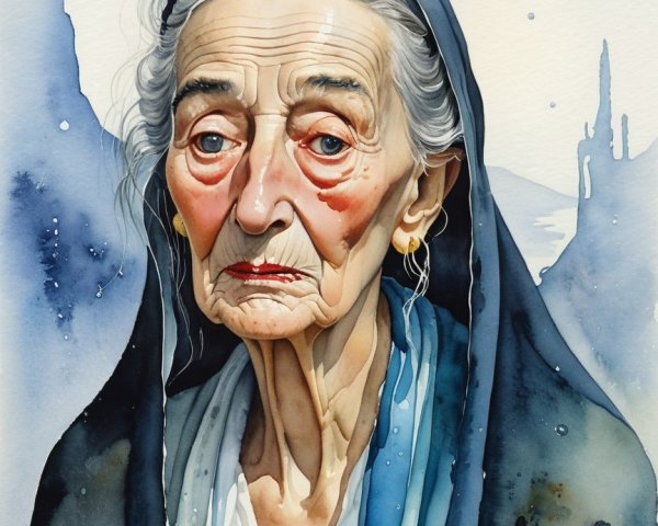 Elderly Woman Portrait with Watercolor Background