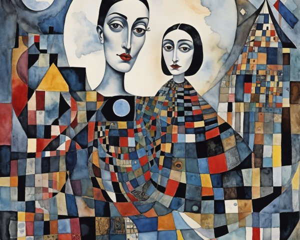 Stylized Figures with Elongated Faces and Bold Colors