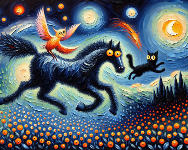 Whimsical Landscape with Horse, Bird, and Cat