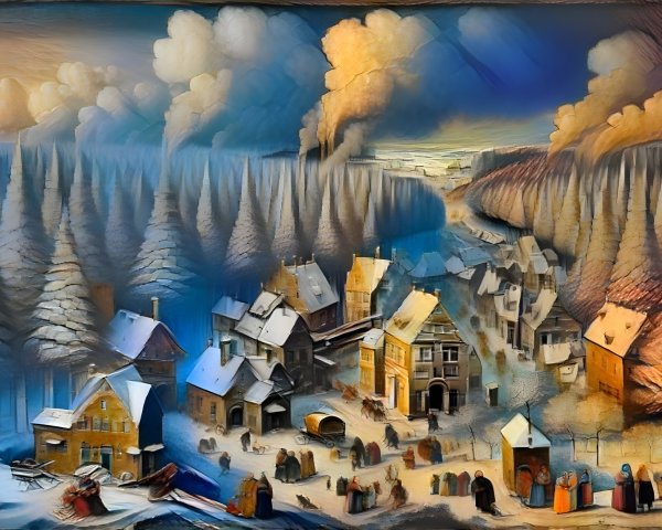 Winter Village Scene with Snow-Covered Pines