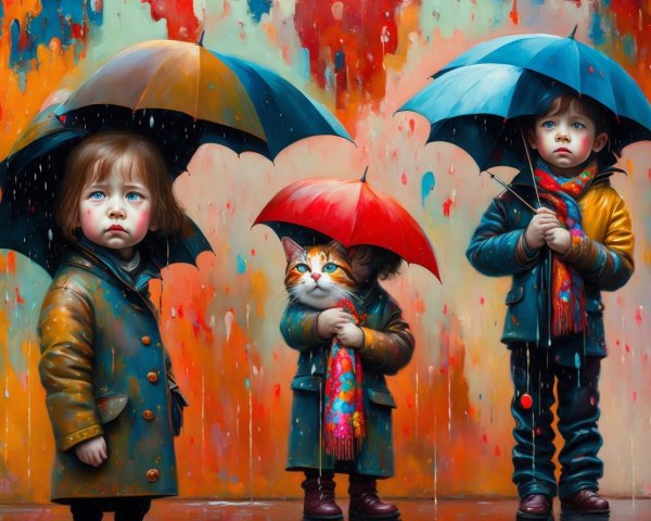 Children with Umbrellas in a Colorful Rain Scene