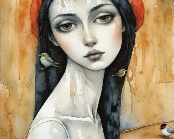 Melancholic Young Woman with Birds and Piano Background