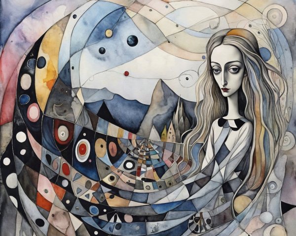 Whimsical Figure in Abstract Colorful Landscape