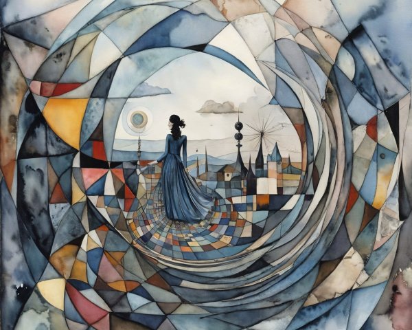 Woman in Blue Dress Surrounded by Abstract Landscape