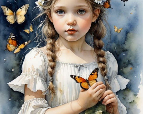 Young girl in white dress with butterflies and leaves