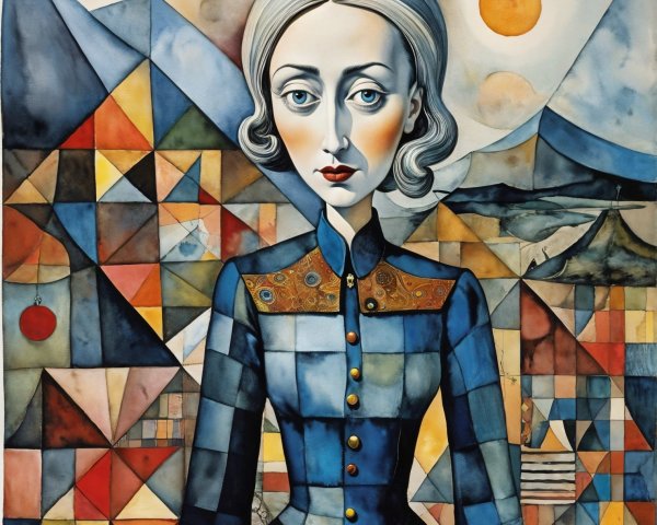 Stylized Woman in Blue Suit with Geometric Background