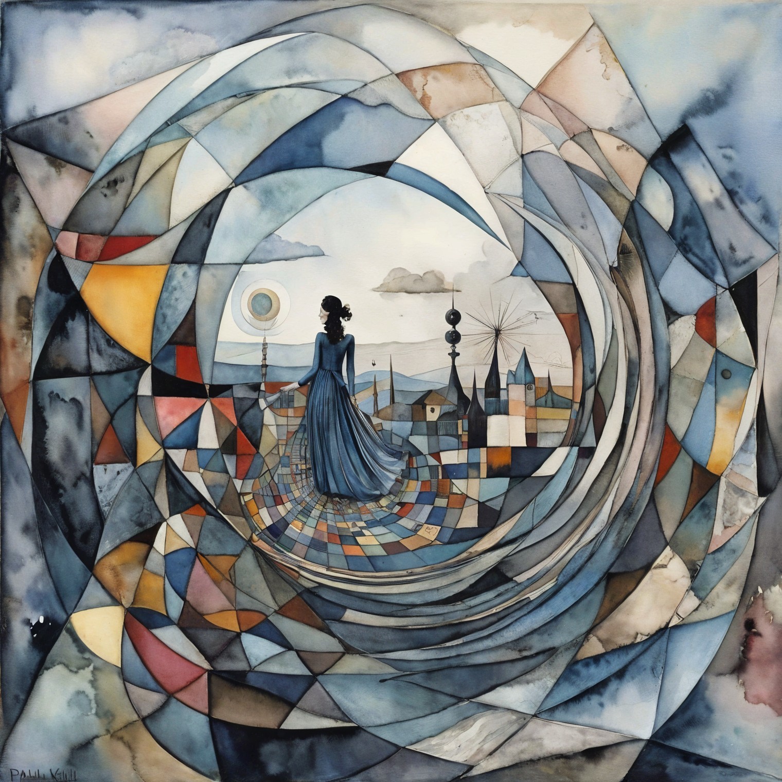 Woman in Blue Dress Surrounded by Abstract Landscape
