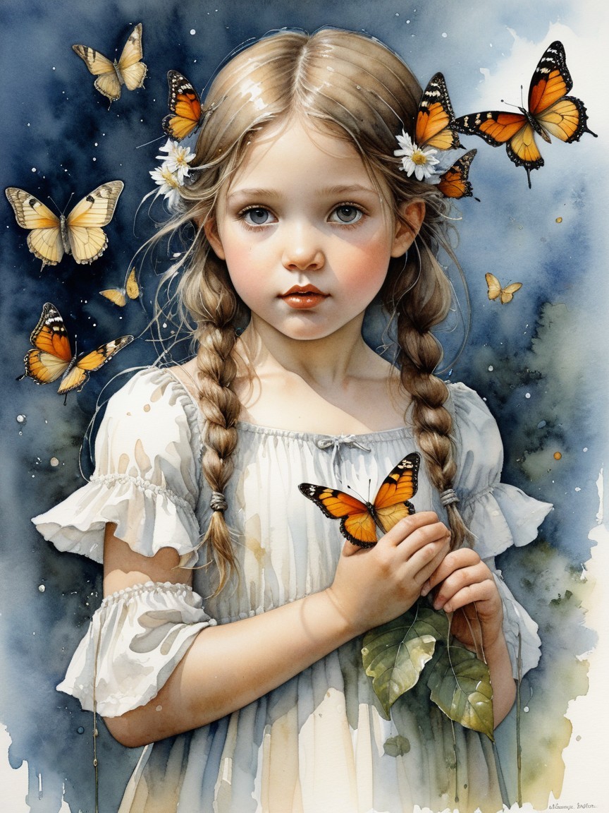 Young girl in white dress with butterflies and leaves