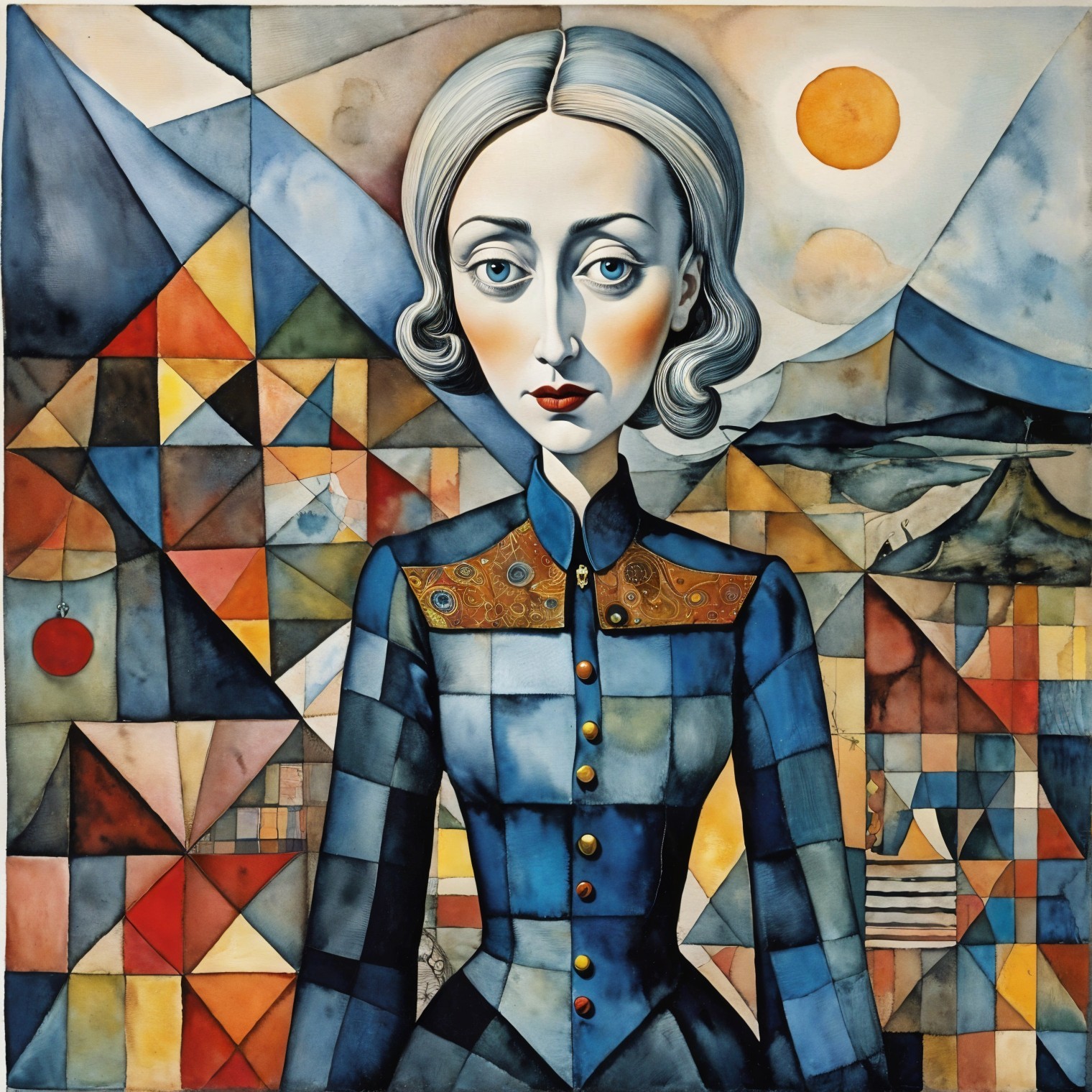 Stylized Woman in Blue Suit with Geometric Background