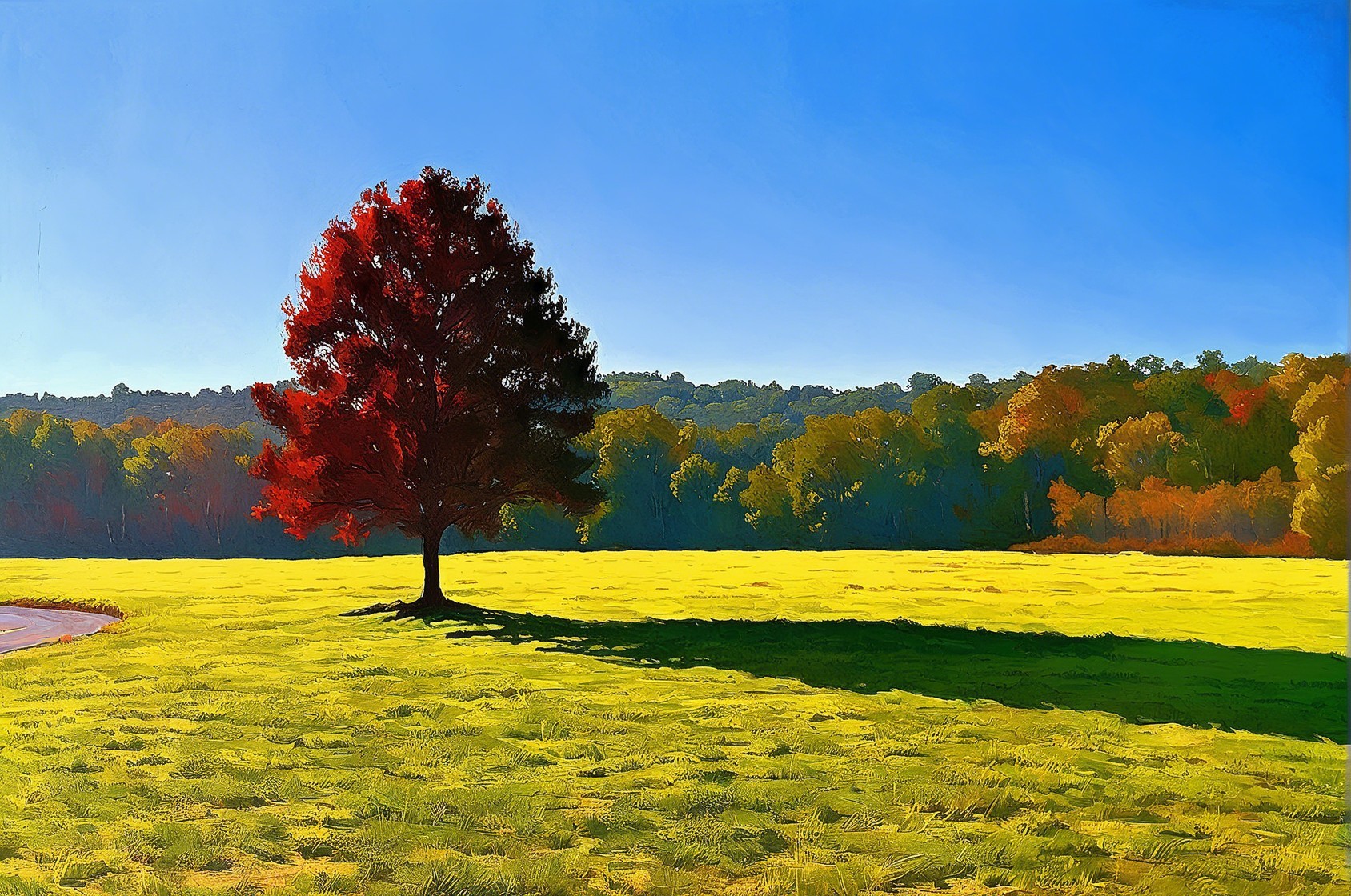 Solitary Tree in Vibrant Green Field with Autumn Colors