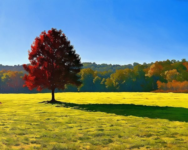 Solitary Tree in Vibrant Green Field with Autumn Colors
