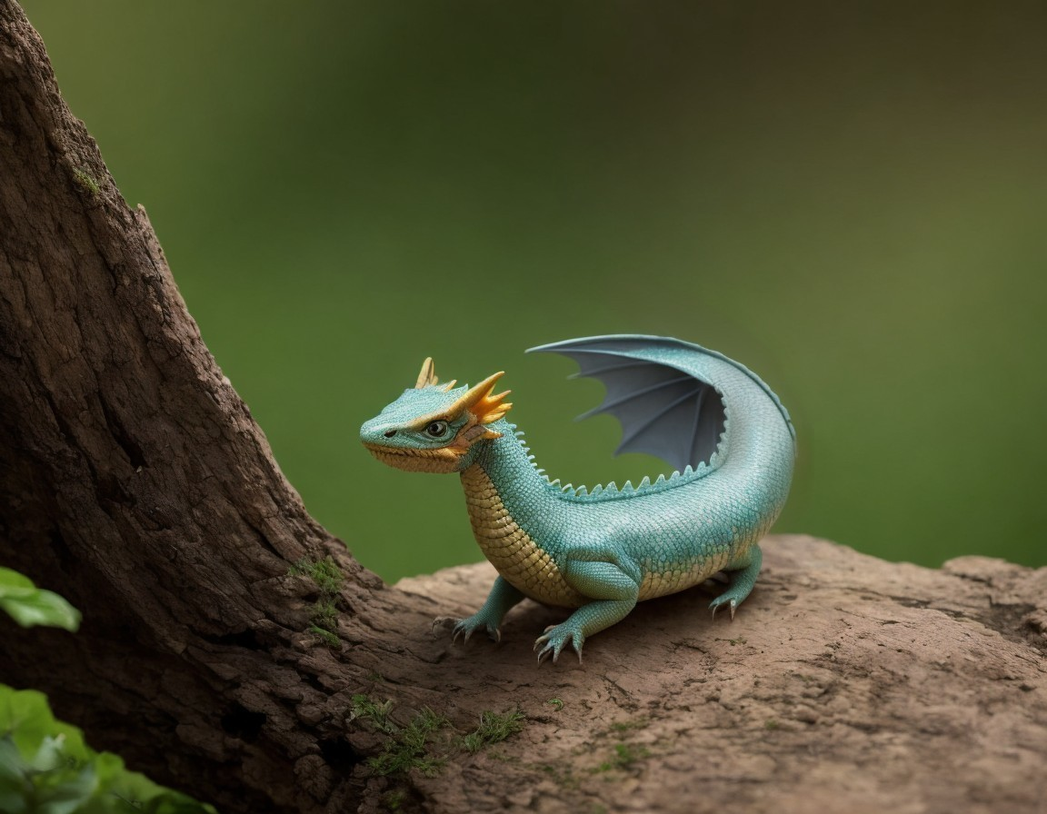 Vividly Colored Dragon on Mossy Tree Stump