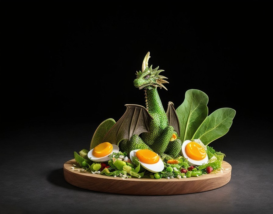 Whimsical Dragon Sculpture Made of Vegetables and Eggs