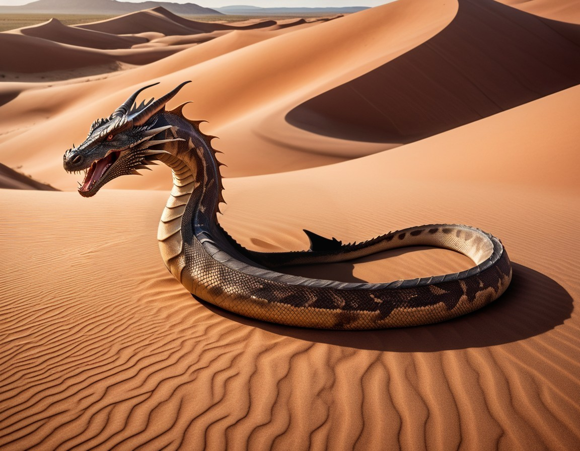 Dragon Serpent Slithering Across Desert Sand Dunes