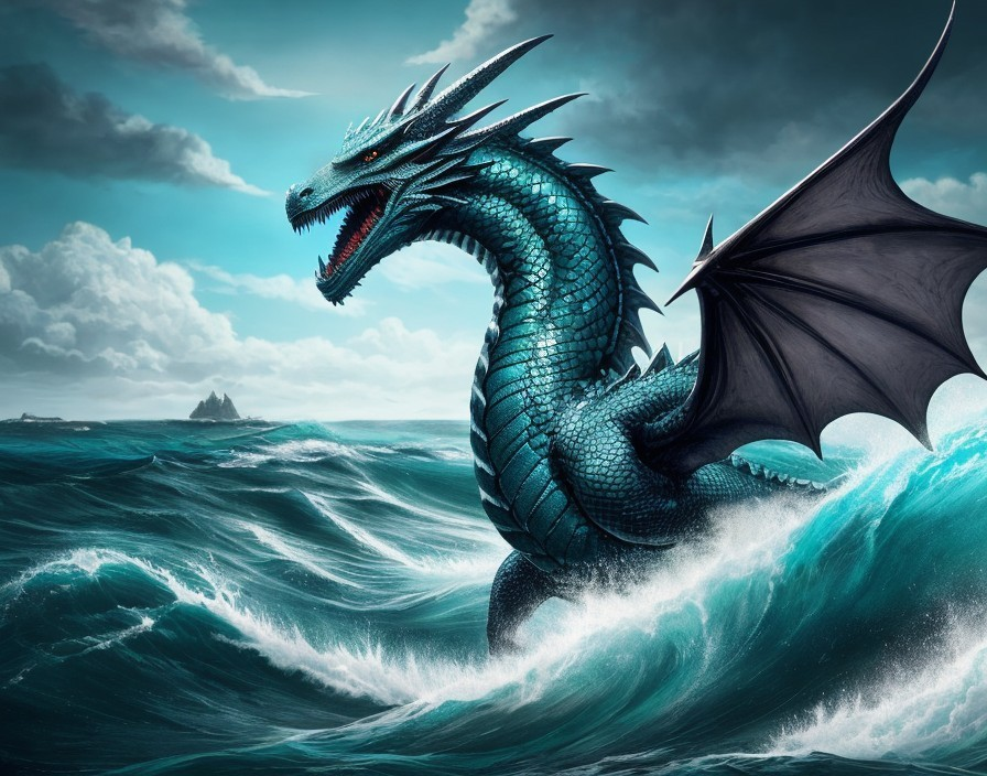 Blue Dragon Emerges from Stormy Ocean Waves with Spread Wings