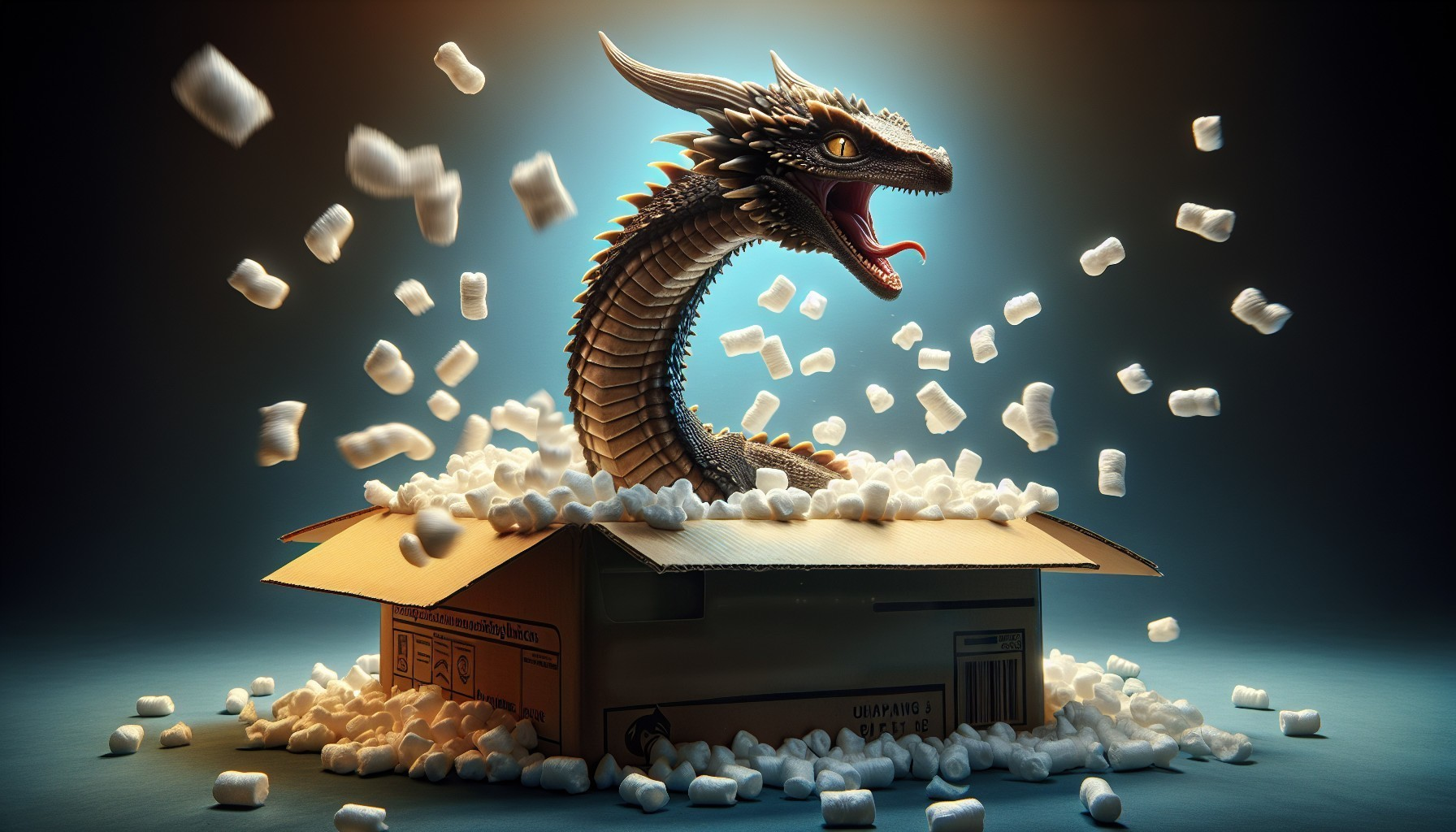 Dragon Emerges from Cardboard Box with Gleaming Scales
