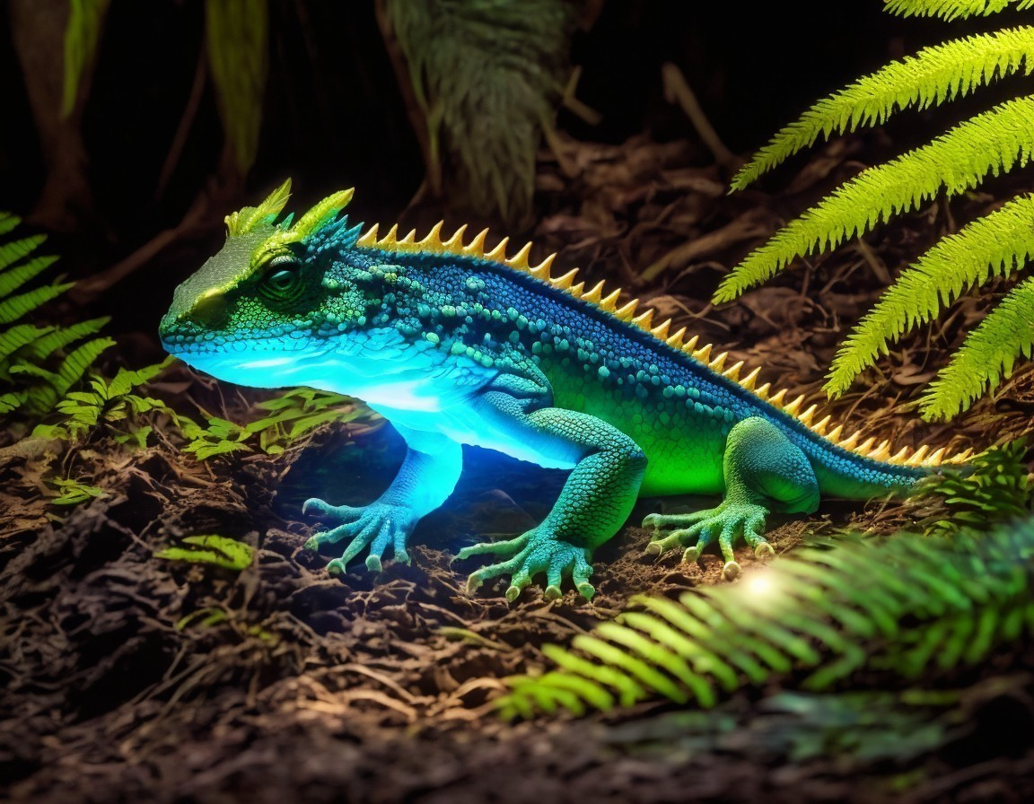 Vibrant Lizard with Bioluminescent Features in Forest