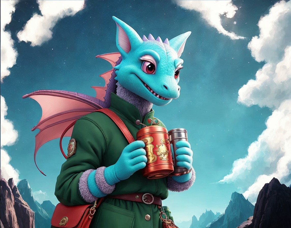 Whimsical blue dragon character in scenic mountains