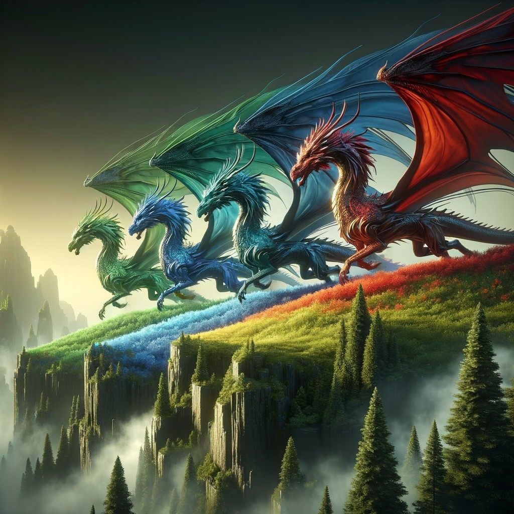 Five Majestic Dragons Over Colorful Landscape