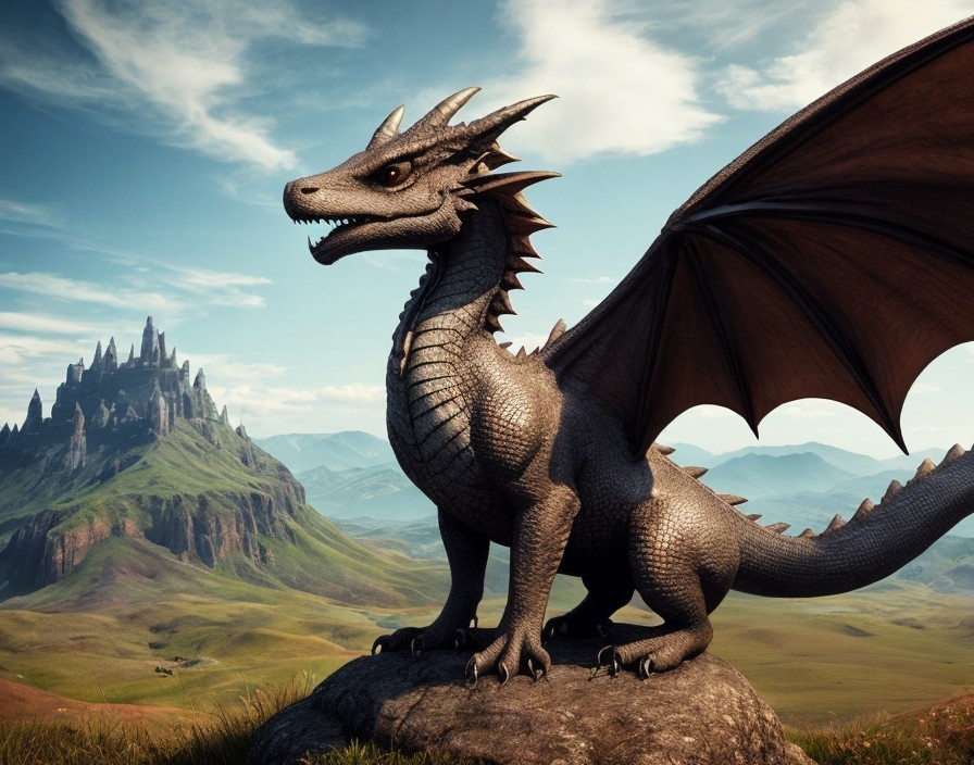 Majestic dragon atop rocky outcrop with castle backdrop