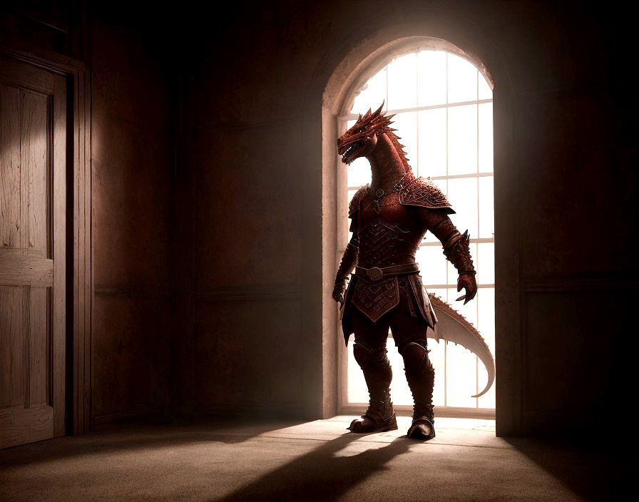 Dragonborn Warrior in Intricate Armor at Doorway
