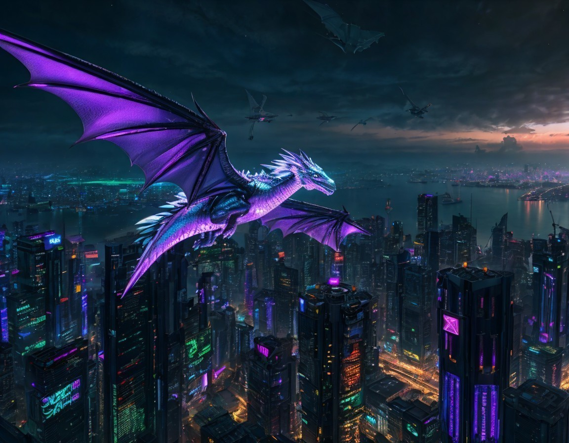 Majestic dragon over a futuristic cityscape at dusk
