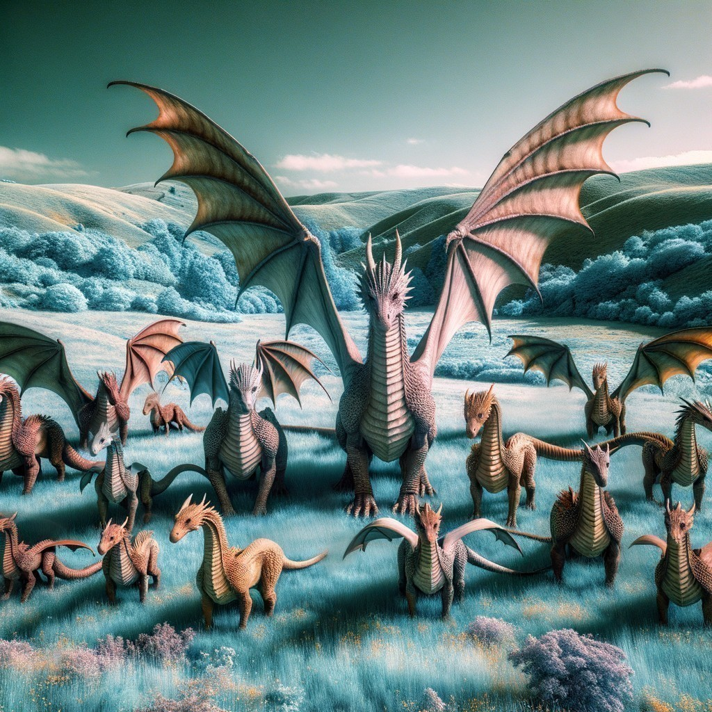 Dragons in a Lush Landscape with Ethereal Atmosphere