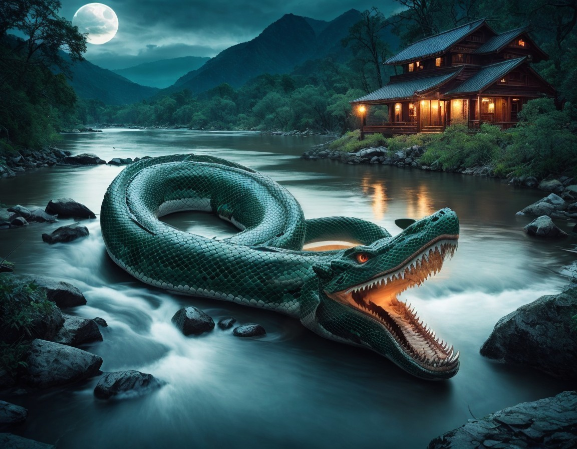 Giant serpent coils around river house under moonlit sky