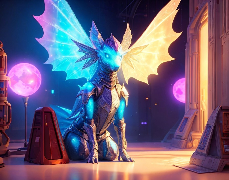 Majestic dragon in futuristic neon-lit setting
