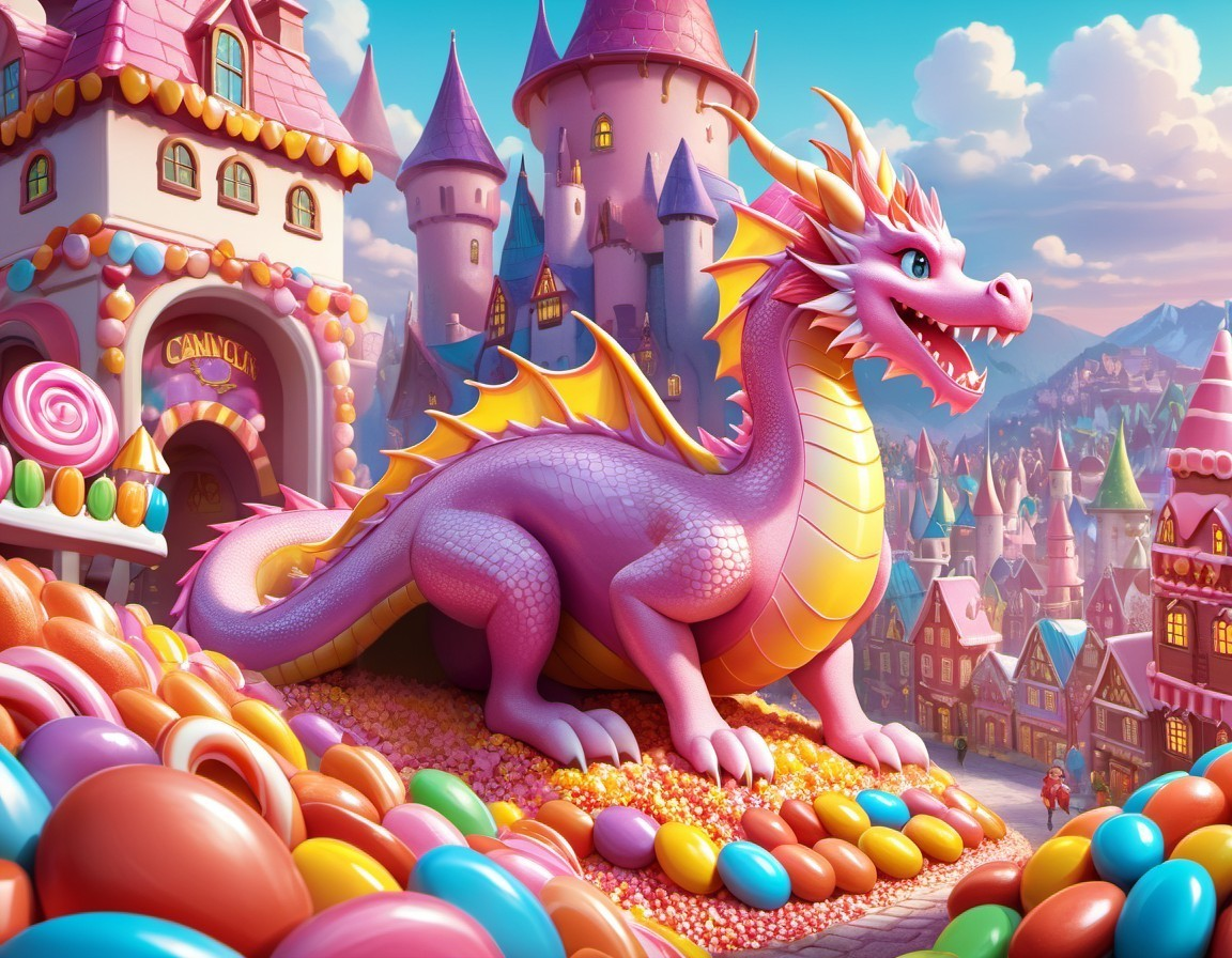 Whimsical dragon on colorful candy mound in fairy-tale town