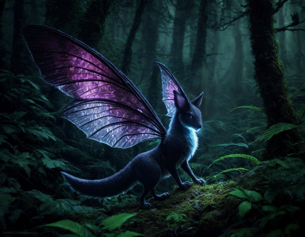 Whimsical Creature with Cosmic Wings in Mystic Forest