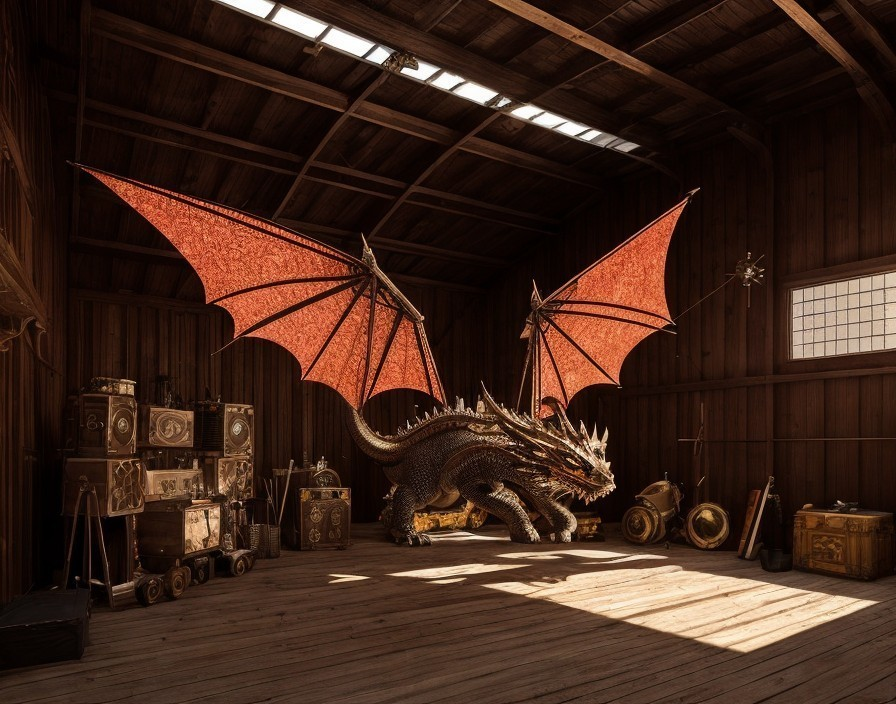 Dragon in Wooden Barn with Steampunk Gadgets