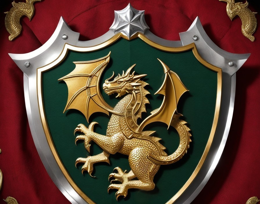 Golden Dragon Crest on Green Background with Silver Shield