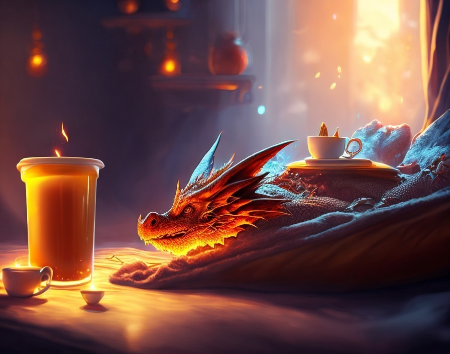 Colorful dragon resting in a cozy, candlelit setting