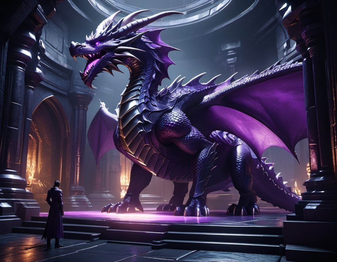 Majestic Purple Dragon in Dimly Lit Chamber