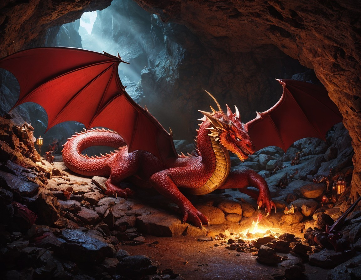Red Dragon in Dark Cave with Flickering Torchlight