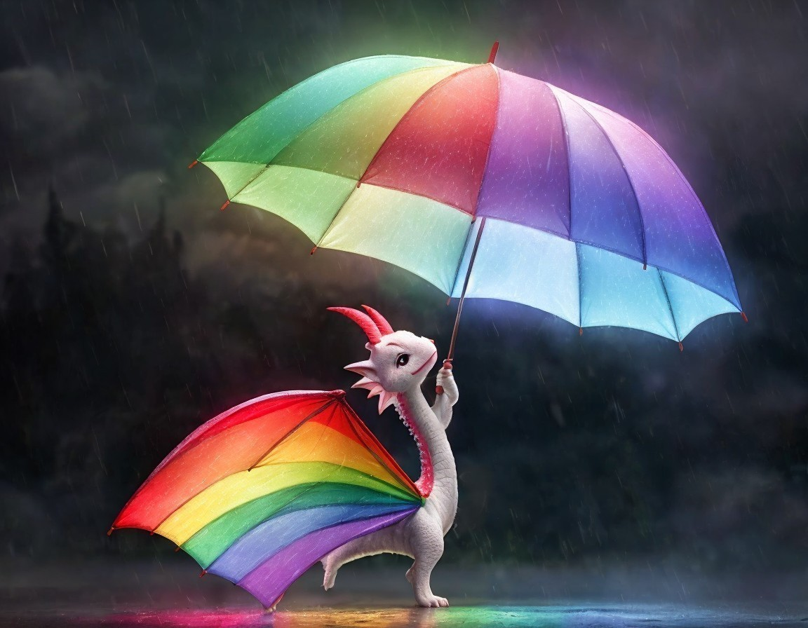 Whimsical dragon with rainbow umbrellas in the rain