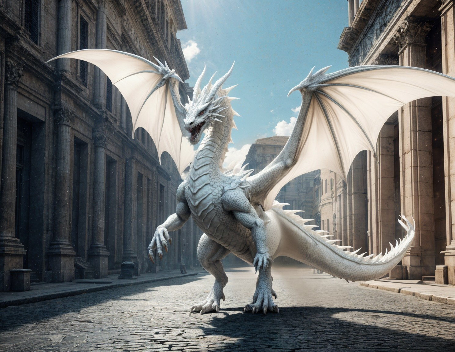 Majestic White Dragon in Ancient City Street Scene