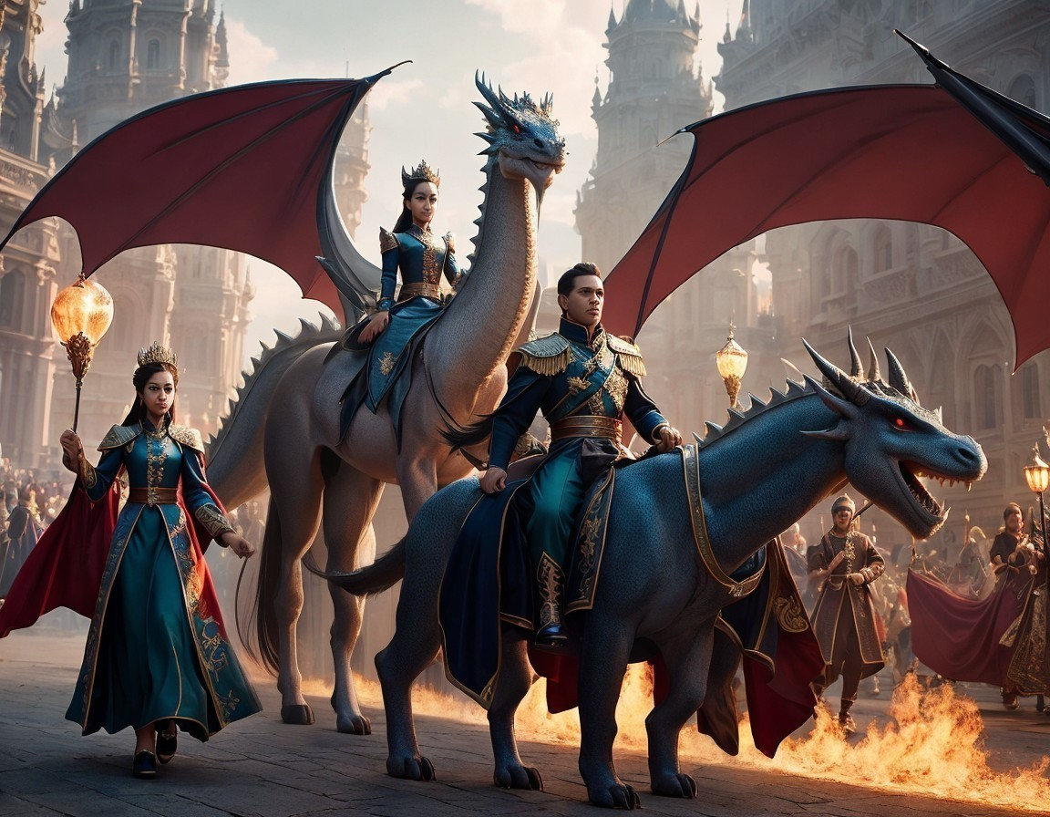 Majestic Dragons and Regal Figures in Mystical City