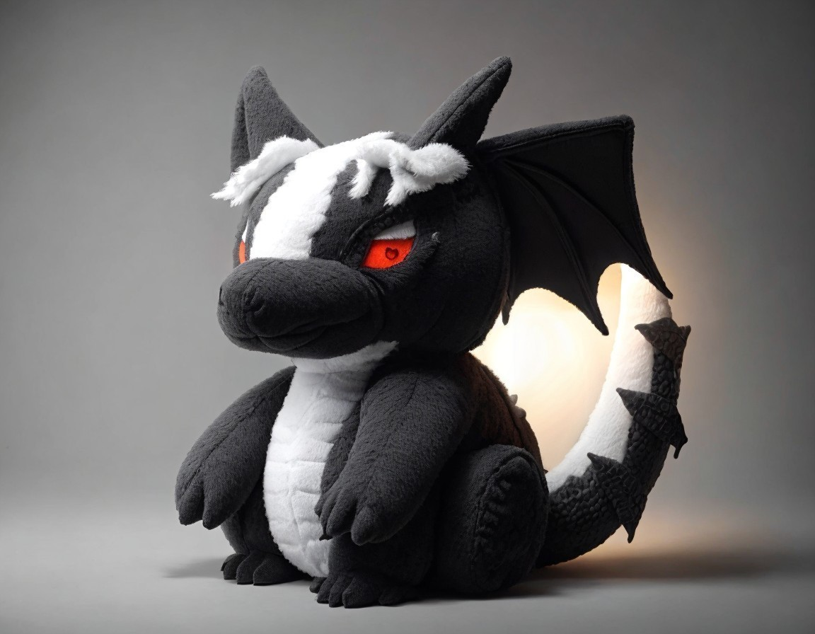 Plush Black and White Dragon with Glowing Eyes