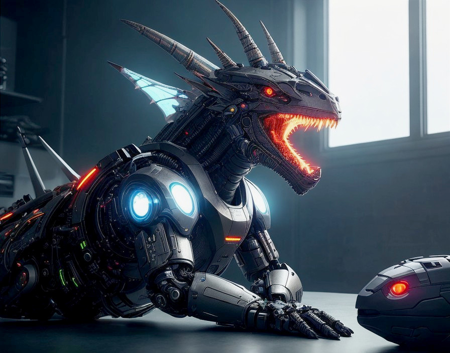 Futuristic Mechanical Dragon in Dimly Lit Room